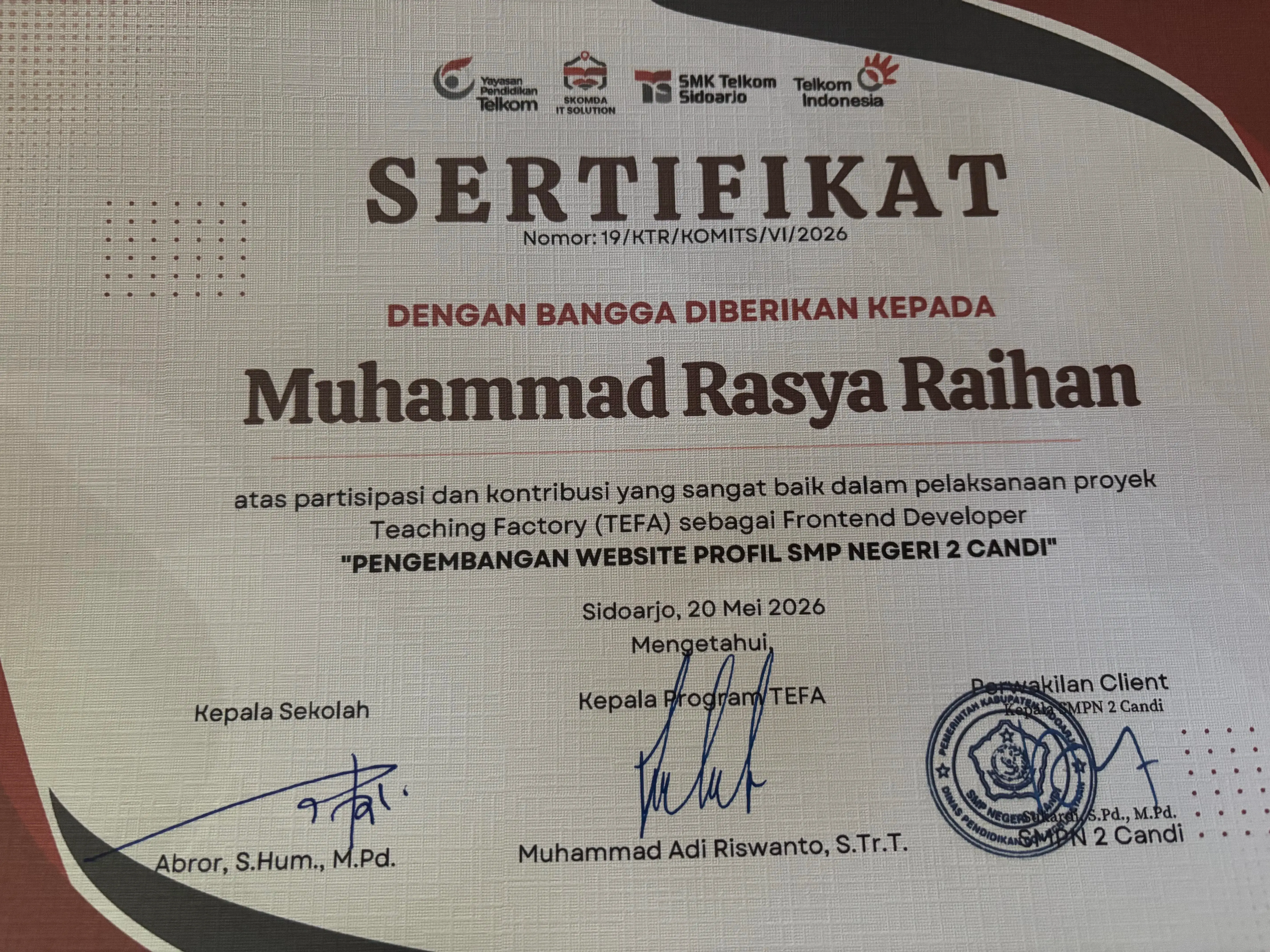 Sertifikat Kontribusi Teaching Factory - Frontend Developer
